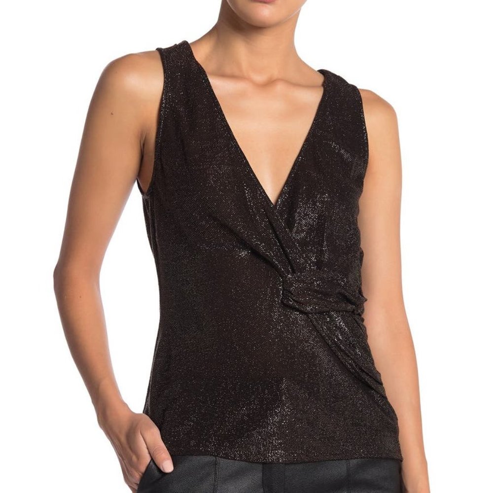 Ramy Brook Carmella V-Neck Metallic Knit Twist Tan